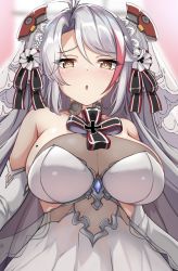 Rule 34 | 1girl, antenna hair, azur lane, bare shoulders, blurry, blurry background, blush, breasts, brown eyes, cleavage, commentary request, cross, curtains, depth of field, dress, hair between eyes, headgear, iron cross, large breasts, mole, mole on breast, moyoron, multicolored hair, official alternate costume, parted bangs, parted lips, prinz eugen (azur lane), prinz eugen (symphonic fate) (azur lane), red hair, silver hair, solo, streaked hair, upper body, white dress, window