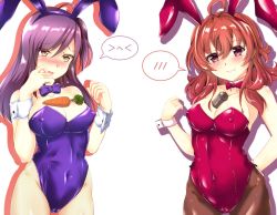 Rule 34 | 2girls, ahoge, animal ears, arashi (kancolle), bow, bowtie, breasts, brown legwear, carrot, cleavage, commentary request, covered erect nipples, cowboy shot, depth charge, detached collar, fake animal ears, fishnet legwear, fishnets, hagikaze (kancolle), highres, kantai collection, kumichou (nakasato-gumi), leotard, long hair, looking at viewer, medium breasts, medium hair, multiple girls, object on breasts, one side up, pantyhose, playboy bunny, purple bow, purple bowtie, purple hair, purple leotard, rabbit ears, red bow, red bowtie, red eyes, red hair, red leotard, simple background, spoken blush, strapless, strapless leotard, twitter username, white background, wrist cuffs, yellow eyes
