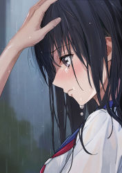 Rule 34 | 1girl, azuki yui, black eyes, black hair, blurry, blurry background, crying, crying with eyes open, gloom (expression), hair over eyes, hair over shoulder, hand on another&#039;s head, highres, looking down, neckerchief, original, outdoors, rain, red neckerchief, school uniform, serafuku, solo focus, tears, upper body, water drop, wet, wet clothes, wet hair