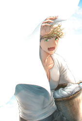 Rule 34 | 1boy, basket, bed sheet, black pants, blonde hair, clothesline, cloud, cloudy sky, day, granblue fantasy, green eyes, hand up, holding, holding basket, laundry basket, looking at viewer, male focus, open mouth, outdoors, pants, pectoral cleavage, pectorals, shirt, short hair, sky, smile, solo, sumo fck, undercut, vane (granblue fantasy), white shirt