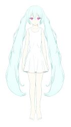 Rule 34 | 1girl, absurdres, bare arms, barefoot, blue hair, closed mouth, dress, full body, hair between eyes, hatsune miku, highres, kimi ga ikite nakute yokatta (vocaloid), light blue hair, long hair, looking at viewer, pink eyes, pinocchio-p, sleeveless, sleeveless dress, smile, twintails, very long hair, vocaloid