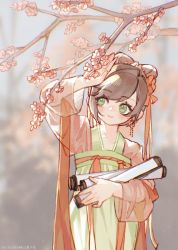 Rule 34 | 1girl, blurry, blurry background, branch, brown hair, chinese clothes, closed mouth, earrings, green eyes, hair bun, hair ornament, highres, holding, holding scroll, jewelry, littletreeee, long hair, long sleeves, outdoors, rosa (tears of themis), scroll, single hair bun, smile, solo, tears of themis