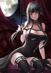 Rule 34 | 1girl, absurdres, bare shoulders, black choker, black dress, black gloves, black hair, blood, bloody knife, bloody weapon, blush, breasts, choker, cleavage, closed mouth, curtains, dagger, dress, fingerless gloves, floating hair, flower, gloves, hair flower, hair ornament, highres, holding, holding dagger, holding knife, holding weapon, knife, large breasts, leaning to the side, long hair, looking at viewer, moon, night, night sky, off-shoulder dress, off shoulder, open window, othellonia teru, pendant choker, red eyes, reverse grip, rose, short hair with long locks, sidelocks, sitting, sky, smile, solo, spikes, spy x family, stiletto (weapon), taut clothes, taut dress, thighhighs, weapon, window, yor briar, zettai ryouiki