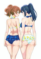 Rule 34 | 2girls, ass, bikini, bikini skirt, black hair, breasts, brown eyes, brown hair, face-to-face, floral print, from behind, hibike! euphonium, high ponytail, highres, holding hands, kousaka reina, looking at another, matching outfits, medium breasts, mismatched bikini, monta, multiple girls, oumae kumiko, ponytail, print bikini, purple eyes, short hair, side ponytail, simple background, smile, swimsuit, white background, yuri