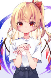 Rule 34 | 1girl, alternate costume, blonde hair, blue pants, crystal, crystal wings, flandre scarlet, full moon, highres, looking at viewer, moon, no headwear, no headwear, one side up, own hands together, pants, red eyes, shirt, short sleeves, simple background, smile, solo, straight-on, t-shirt, touhou, upper body, white background, white shirt, wings, yuineko