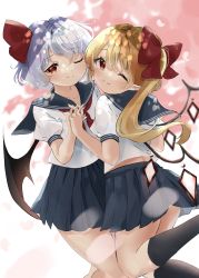 Rule 34 | 2girls, ;), alternate costume, bat wings, black socks, blonde hair, blue hair, blush, bow, breasts, cherry blossoms, closed mouth, collarbone, commentary request, crystal, facing another, falling petals, feet out of frame, flandre scarlet, grey skirt, hair between eyes, hair bow, hands up, highres, holding hands, interlocked fingers, kamachi (kamati0maru), kneehighs, light blue hair, looking at viewer, looking back, multiple girls, neckerchief, no headwear, one eye closed, one side up, outdoors, petals, pleated skirt, pointy ears, puffy short sleeves, puffy sleeves, red bow, red eyes, red neckerchief, remilia scarlet, sailor collar, shirt, short hair, short sleeves, siblings, sisters, skirt, small breasts, smile, socks, touhou, uniform, white shirt, wings