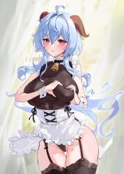 Rule 34 | 1girl, absurdres, ahoge, alternate costume, apron, apron lift, bell, black garter straps, black leotard, black thighhighs, blue hair, blush, breasts, chochomi, choker, clothes lift, cowbell, enmaided, foreshortening, frilled apron, frilled choker, frills, ganyu (genshin impact), garter straps, genshin impact, goat horns, grabbing own breast, gradient eyes, highres, horns, large breasts, leotard, long hair, looking at viewer, maid, maid apron, multicolored eyes, neck bell, red eyes, sidelocks, solo, thigh gap, thighhighs, thighs