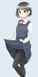 Rule 34 | 1girl, absurdres, black eyes, black hair, blush, closed mouth, clothes lift, collared shirt, dress, dress lift, feet out of frame, grey background, highres, leg up, lifted by self, long sleeves, looking at viewer, neck ribbon, original, pinafore dress, red ribbon, retsumaru, ribbon, shirt, short hair, simple background, sleeveless dress, smile, solo, standing, standing on one leg, white shirt, wing collar