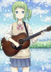 Rule 34 | 104, blue eyes, blue skirt, blue sky, bow, brown vest, green hair, guitar, gumi, highres, instrument, lake, music, pink bow, playing instrument, school uniform, side ponytail, skirt, sky, smile, standing, vest, vocaloid