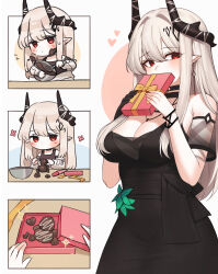 absurdres arknights bare_shoulders black_dress black_gloves black_ribbon bowl box chibi chocolate dress earrings flower gift gift_box gloves hair_between_eyes hair_ornament heart highres holding holding_gift horns hyeroin infection_monitor_(arknights) jewelry mudrock_(arknights) mudrock_(obsidian)_(arknights) pointy_ears red_eyes ribbon single_earring valentine white_hair yellow_ribbon