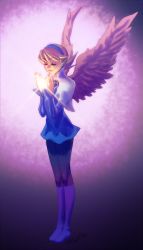 Rule 34 | 1girl, angel, bad id, bad tumblr id, blue footwear, boots, breath of fire, breath of fire iv, capcom, closed eyes, dress, earrings, feathered wings, glowing, hairband, highres, jewelry, knee boots, nina (breath of fire iv), pantyhose, pink hair, robaato, short dress, short hair, solo, wings