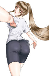 Rule 34 | 10s, 1girl, aoba kazane, artist request, ass, bike shorts, blush, breasts, brown eyes, brown hair, from behind, gym uniform, keijo!!!!!!!!, large breasts, long hair, looking at viewer, looking back, matching hair/eyes, open mouth, parted lips, ponytail, senou34, shiny clothes, shiny skin, shirt, sideboob, solo, very long hair