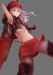 Rule 34 | 10s, 1girl, absurdres, alisa ilinichina amiella, arm up, armpits, blue eyes, boots, borushichi, breasts, elbow gloves, female focus, fingerless gloves, gloves, god eater, god eater burst, hat, highres, huge weapon, large breasts, long hair, navel, open clothes, pantyhose, plaid, silver hair, simple background, skirt, solo, suspender skirt, suspenders, sword, thigh boots, thighhighs, underboob, weapon