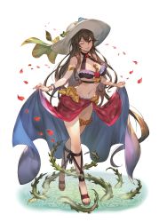 Rule 34 | 1girl, armlet, bare shoulders, between breasts, bikini, bracelet, breasts, brown hair, choker, clothes lift, duplicate, flower, frilled bikini, frills, granblue fantasy, grin, groin, hat, hat ribbon, highres, jewelry, kakage, long hair, looking at viewer, nail polish, navel, no socks, petals, plant, psd available, purple eyes, ribbon, rose, rosetta (granblue fantasy), rosetta (summer) (granblue fantasy), sarong, sarong lift, simple background, smile, solo, sun hat, swimsuit, thigh strap, vines, white background