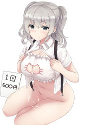 Rule 34 | 10s, 1girl, after paizuri, blush, bottomless, bra, breasts, cat lingerie, cleavage, cleavage cutout, clothing cutout, cum, cum on body, cum on breasts, cum on upper body, grey eyes, highres, kantai collection, kashima (kancolle), large breasts, looking at viewer, meme attire, mizunashi kenichi, navel, open clothes, open shirt, prostitution, shirt, sign, silver hair, sitting, smile, solo, translated, twintails, underwear, white bra, yokozuwari