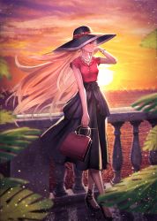 Rule 34 | 1girl, bag, black footwear, black hat, black skirt, blonde hair, blouse, blurry, blurry foreground, blush, bracelet, breasts, cloud, collarbone, earrings, ereshkigal (fate), fate/grand order, fate (series), floating hair, gold, hand up, hat, hat ribbon, high heels, highres, holding, holding bag, infinity symbol, jewelry, kuroi susumu, light particles, long hair, looking afar, multicolored sky, necklace, outdoors, parted bangs, plant, purple sky, railing, red eyes, red shirt, ribbon, shirt, short sleeves, skirt, sky, solo, sun, sunset, very long hair, wind, yellow sky