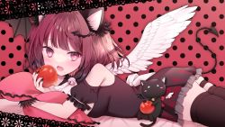 Rule 34 | 1girl, :3, angel wings, animal ears, apple, ascot, asymmetrical wings, bat hair ornament, bell, cat, cat ears, demon tail, demon wings, dress, fangs, food, frilled dress, frills, fruit, hair ornament, holding, holding food, holding fruit, indie virtual youtuber, lace, medium hair, mole, mole under mouth, nanase (ribonshitoron), neck bell, hugging object, off-shoulder dress, off shoulder, open mouth, pillow, pillow hug, pink eyes, polka dot, polka dot background, red hair, romeo to cinderella (vocaloid), setsuna hadena, short sleeves, skindentation, tail, thigh strap, thighhighs, virtual youtuber, vocaloid, wings, wrist cuffs
