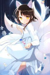 Rule 34 | 1girl, alternate costume, animal ears, brown hair, candy, crescent moon, dress, food, fox ears, fox tail, inari, kitsune, leg up, lowres, moon, night, open mouth, outstretched hand, parted bangs, salt (salty), short hair, short hair with long locks, sita vilosa, solo, star (symbol), sword girls, tail, yellow eyes