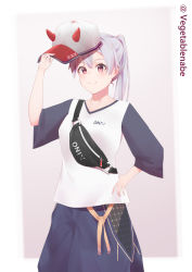 Rule 34 | 1girl, absurdres, baseball cap, blue pants, blush, commentary request, fake horns, fanny pack, fate/grand order, fate (series), hair between eyes, hat, highres, holding, holding clothes, holding hat, horned headwear, horns, long hair, looking at viewer, pants, ponytail, pouch, red eyes, shoulder strap, silver hair, smile, solo, tomoe gozen (fate), twitter username, vegetablenabe