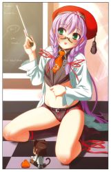 Rule 34 | 00s, 1boy, 1girl, :p, al azif, alternate costume, alternate hairstyle, animal ears, antenna hair, beret, blush, braid, chalkboard, checkered floor, coat, demonbane, flat chest, floor, glasses, green eyes, hair ribbon, hat, highres, kneeling, lab coat, long hair, midriff, mini person, miniboy, mouse ears, navel, necktie, nishii (damnedrive), official art, open clothes, open coat, pince-nez, pointer, pointing, purple hair, ribbon, shirt tug, short shorts, shorts, slime (creature), socks, tongue, tongue out, twin braids