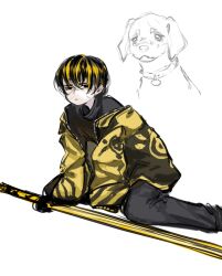 Rule 34 | 1boy, aged down, black eyes, black hair, black sweater, blonde hair, blue pants, closed mouth, highres, jacket, looking at viewer, male focus, multicolored hair, pants, project moon, shan23852196, simple background, solo, streaked hair, sweater, sword, the distortion detective, vespa crabro, weapon, white background, yellow jacket