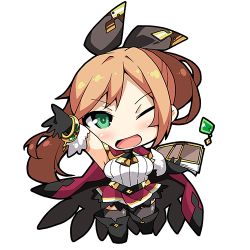 Rule 34 | &gt;:d, 10s, 1girl, :d, black footwear, black gloves, black ribbon, black thighhighs, book, boots, bracelet, cape, chibi, clarisse (granblue fantasy), full body, gloves, granblue fantasy, green eyes, hair ribbon, holding, holding book, jewelry, long hair, lowres, miniskirt, nyagakiya, open book, open mouth, orange hair, ponytail, red skirt, ribbon, simple background, skirt, smile, solo, thighhighs, v-shaped eyebrows, white background, zettai ryouiki