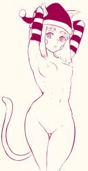 Rule 34 | 1girl, animal ears, arms behind head, arms up, blunt bangs, blush stickers, bob cut, borrowed character, breasts, breasts apart, cat ears, cat girl, cat tail, chloe (srgrafo), cleft of venus, cowboy shot, detached sleeves, ears through headwear, female focus, fir3born, groin, hat, highres, long sleeves, looking at viewer, medium breasts, monochrome, navel, nipples, nude, open mouth, original, pom pom (clothes), pussy, santa hat, short hair, sidelocks, simple background, sketch, solo, standing, stomach, striped sleeves, tail, uncensored, yellow background