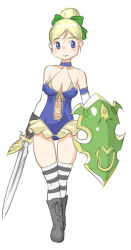 Rule 34 | 1girl, bare shoulders, blonde hair, blue eyes, boots, bow, breasts, cleavage, covered erect nipples, divine bustier (dq), dragon quest, dragon quest ix, elbow gloves, female focus, full body, gloves, hair bow, hair bun, large breasts, leotard, looking to the side, makochin, no bra, roxanne (dq9), shield, simple background, single hair bun, smile, solo, striped clothes, striped thighhighs, sword, thighhighs, walking, weapon, white background