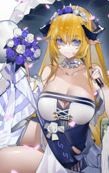 Rule 34 | 1girl, absurdres, arknights, bare shoulders, blonde hair, blue eyes, blue flower, blue rose, bouquet, breasts, choker, cleavage, closed mouth, dress, flower, hair flower, hair ornament, hairband, highres, holding, holding umbrella, large breasts, long hair, looking at viewer, official alternate costume, panties, pointy ears, rose, saileach (appreciate fragrance) (arknights), saileach (arknights), solo, strapless, strapless dress, umbrella, underwear, white background, white flower, white panties, white rose, yushe quetzalli