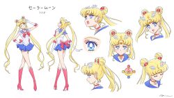 Rule 34 | 1girl, back bow, bad tag, bishoujo senshi sailor moon, blonde hair, blue eyes, blue sailor collar, blue skirt, boots, bow, bowtie, character sheet, choker, circlet, close-up, closed eyes, commentary, crescent, crescent earrings, double bun, earrings, english commentary, full body, hair bun, hand on own hip, high heel boots, high heels, highres, jewelry, knee boots, long hair, looking at viewer, looking to the side, miniskirt, multiple views, open mouth, pleated skirt, profile, red bow, red bowtie, red choker, red footwear, sailor collar, sailor moon, sailor senshi, sailor senshi uniform, sidney deng, simple background, skirt, standing, star (symbol), star earrings, teeth, tsukino usagi, twintails, upper body, upper teeth only, v, white background