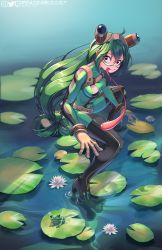 Rule 34 | 1girl, absurdres, asui tsuyu, black eyes, bodysuit, boku no hero academia, frog, frog girl, gloves, goggles, goggles on head, green hair, highres, lily pad, long hair, long tongue, looking at viewer, low-tied long hair, outdoors, peaceablecolt, solo, squatting, tongue, tongue out, very long hair, white gloves