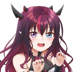 Rule 34 | 1girl, :d, absurdres, bare shoulders, blue eyes, blush, claw pose, fangs, fingernails, hair between eyes, heterochromia, highres, hololive, hololive english, horns, irys (hololive), irys (irys 1.0) (hololive), jan azure, looking at viewer, multicolored hair, multiple horns, nail polish, open mouth, purple eyes, red eyes, red nails, sleeveless, smile, solo, transparent background, virtual youtuber
