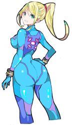 Rule 34 | 1girl, :d, aqua eyes, ass, blue one-piece swimsuit, breasts, closed eyes, commentary request, cowboy shot, cropped legs, enpe, from behind, grin, hair between eyes, hand on own hip, highres, huge ass, long hair, looking at viewer, looking back, medium breasts, metroid, mole, mole under mouth, nintendo, one-piece swimsuit, open mouth, parted bangs, ponytail, samus aran, sidelocks, simple background, skin tight, smile, solo, standing, swept bangs, swimsuit, teeth, thick thighs, thighs, white background, wide hips, zero suit