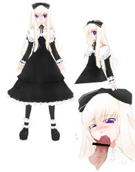 Rule 34 | 1girl, bar censor, black bow, black dress, blonde hair, blush, bow, censored, copyright request, detached collar, dress, fellatio, full body, gothic lolita, hair bow, lolita fashion, long hair, looking at viewer, miito shido, nose blush, oral, pantyhose, penis, petticoat, pleated dress, purple eyes, ribbon, simple background, standing, sweatdrop, veins, veiny penis, white background