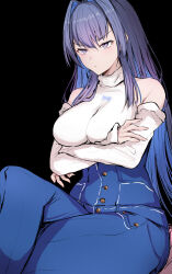 Rule 34 | 1girl, black background, black hair, blue eyes, blue hair, blue pants, breasts, colored inner hair, crossed arms, crossed legs, denim, detached sleeves, high-waist pants, highres, hololive, hololive english, jeans, large breasts, long hair, looking at viewer, multicolored hair, official alternate costume, ouro kronii, ouro kronii (casual), pants, sak1 01, shirt, solo, virtual youtuber, white shirt, white sleeves