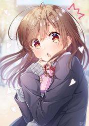 Rule 34 | 1girl, ^^^, blazer, blurry, blush, bow, bowtie, box, brown eyes, brown hair, brown ribbon, chestnut mouth, depth of field, gift, gift box, heart, highres, holding, holding gift, jacket, kisukekun, light particles, long hair, long sleeves, looking at viewer, original, red bow, red bowtie, ribbon, sleeves past wrists, solo, surprised, sweatdrop, sweater, upper body, valentine