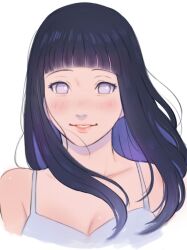 1girl absurdres black_hair blunt_bangs byakugan commentary grin highres hyuuga_hinata long_hair looking_at_viewer naruto_(series) naruto_shippuuden portrait simple_background smile solo white_background xmonday_mintx