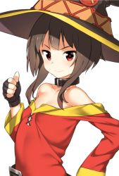 Rule 34 | &gt;:), 1girl, animal collar, bare shoulders, belt, belt buckle, black belt, black collar, black gloves, black hat, blush, breasts, brown hair, buckle, button eyes, buttons, closed mouth, collar, collarbone, commentary request, dress, fingerless gloves, gloves, hat, hatakenaka (kamagabuchi), highres, kono subarashii sekai ni shukufuku wo!, long sleeves, looking at viewer, megumin, off-shoulder dress, off shoulder, red dress, red eyes, short hair, short hair with long locks, sidelocks, simple background, small breasts, smile, solo, thumbs up, v-shaped eyebrows, white background, witch hat