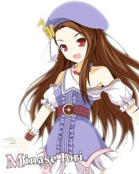 Rule 34 | 1girl, :d, bad id, bad pixiv id, belt, beret, brown hair, character name, cwc0520, dress, hat, idolmaster, idolmaster (classic), jewelry, long hair, mico (cwc), minase iori, necklace, off shoulder, open mouth, palace of dragon (idolmaster), red eyes, smile, solo, wrist cuffs