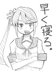 Rule 34 | 10s, 1girl, akebono (kancolle), annoyed, bad id, bad pixiv id, bell, blush, bow, crossed arms, flower, greyscale, hair flower, hair ornament, half-closed eyes, kantai collection, looking at viewer, monochrome, open mouth, ribbon, side ponytail, simple background, sketch, solo, tokoi, translation request