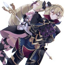 Rule 34 | 1boy, 1girl, aone hiiro, armor, black armor, blonde hair, book, bow, brother and sister, closed mouth, dress, earrings, elise (fire emblem), closed eyes, fire emblem, fire emblem fates, gauntlets, hairband, holding, holding book, jewelry, leo (fire emblem), long hair, multicolored hair, nintendo, pink bow, purple hair, red eyes, short hair, siblings, simple background, staff, thighhighs, twintails, white background, zettai ryouiki