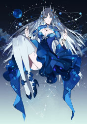 Rule 34 | 1girl, blue dress, blue eyes, bracelet, cleavage cutout, clothing cutout, cloud, constellation, dress, earrings, flower, hair ornament, jewelry, knees together feet apart, legs together, long sleeves, looking at viewer, necklace, original, panties, pantyshot, planet, puffy long sleeves, puffy sleeves, ribbon, silver hair, sitting, sky, smile, solar system, solo, space, star (sky), star (symbol), star hair ornament, starry sky, starshadowmagician, thighhighs, underwear, white panties, white thighhighs