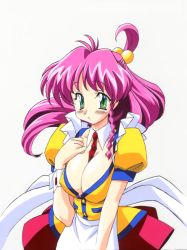 Rule 34 | 1girl, apron, braid, breasts, cleavage, covered erect nipples, detached collar, green eyes, hair bobbles, hair ornament, kimura takahiro, large breasts, long hair, no bra, official art, panic-chan, pink hair, puffy sleeves, red neckwear, short sleeves, side braid, simple background, solo, waist apron, white background