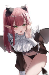 Rule 34 | 1girl, :d, absurdres, bat wings, commentary, demon girl, demon tail, frills, green eyes, highres, hisiya (wldn1112), horns, juliet sleeves, long hair, long sleeves, looking at viewer, navel, open mouth, pointy ears, puffy sleeves, red hair, rizu-kyun, simple background, smile, solo, sono bisque doll wa koi wo suru, tail, twintails, white background, wings