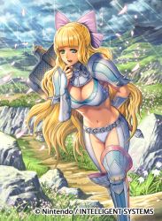Rule 34 | 1girl, armor, axe, bikini armor, blonde hair, blue eyes, boots, bow, breasts, charlotte (fire emblem), cleavage, fire emblem, fire emblem cipher, fire emblem fates, hair bow, izuka daisuke, large breasts, long hair, midriff, nintendo, official art, petals, pink bow, solo, sparkle, spikes, sunburst, thigh boots, thighhighs, thighs, very long hair, weapon