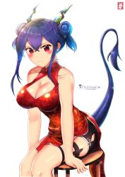 Rule 34 | 1girl, alternate breast size, arknights, artist name, black shorts, blue hair, blush, breasts, ch&#039;en (ageless afterglow) (arknights), ch&#039;en (arknights), china dress, chinchongcha, chinese clothes, cleavage, cleavage cutout, clothing cutout, commentary, double bun, dragon horns, dragon tail, dress, feet out of frame, hair between eyes, hair bun, highres, horns, large breasts, long hair, looking at viewer, official alternate costume, red dress, red eyes, short dress, short shorts, shorts, sidelocks, simple background, sitting, sleeveless, sleeveless dress, solo, tail, thigh strap, thighs, white background