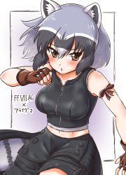Rule 34 | 1girl, animal ear fluff, animal ears, arm ribbon, bad id, bad pixiv id, bare arms, bare shoulders, black hair, blush, breasts, brown eyes, brown gloves, clenched hand, commentary request, common raccoon (kemono friends), cosplay, final fantasy, final fantasy vii, fingerless gloves, gloves, grey hair, hair between eyes, highres, kemono friends, looking at viewer, medium breasts, medium hair, midriff peek, multicolored hair, navel, ngetyan, open mouth, raccoon ears, raccoon tail, ribbon, shirt, sleeveless, sleeveless shirt, solo, tail, tifa lockhart, tifa lockhart (cosplay), white hair, zipper