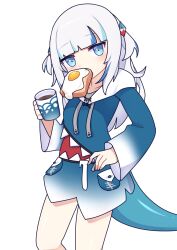 Rule 34 | 1girl, animal costume, blue eyes, blue hair, blunt bangs, bread slice, coffee, cross (vgne4542), fins, fish tail, food, gawr gura, gawr gura (1st costume), hair ornament, highres, hololive, hololive english, hood, looking at viewer, medium hair, multicolored hair, shark costume, shark girl, shark hair ornament, shark tail, sidelocks, solo, streaked hair, tail, toast, two side up, virtual youtuber, white hair