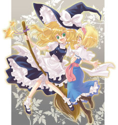 Rule 34 | 2girls, :d, alice margatroid, blonde hair, blue dress, bobby socks, broom, capelet, dress, female focus, girotin ginza, green eyes, hat, kirisame marisa, looking at viewer, mary (ib), mary janes, multiple girls, open mouth, shoes, short hair, smile, socks, touhou, white legwear, witch hat