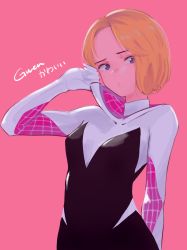 Rule 34 | 1girl, absurdres, animification, asymmetrical hair, blonde hair, blue eyes, bodysuit, bonryuu, commentary request, eyebrow piercing, gwen stacy, highres, hood, hood down, hooded bodysuit, looking to the side, marvel, no mask, piercing, pink background, short hair, skin tight, solo, spider-gwen, spider-man: into the spider-verse, spider-man (series), spider-verse, spider web print, superhero costume, undercut